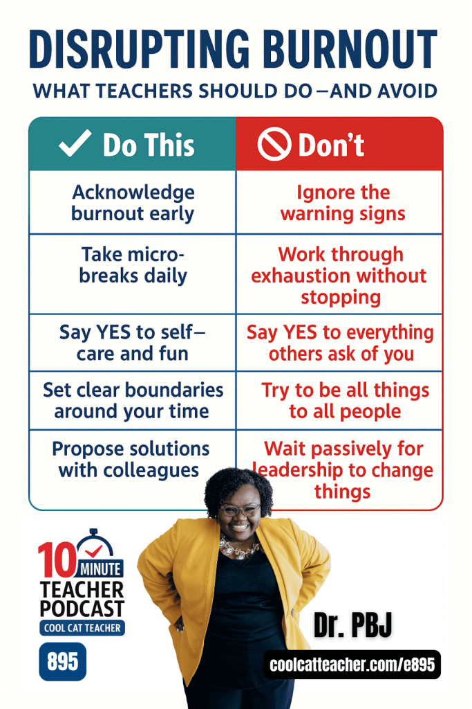 A colorful infographic titled "Disrupting Burnout: What Teachers Should Do — and Avoid." The graphic is divided into two columns: a green "Do This" side and a red "Don't" side. Positive actions include acknowledging burnout early, taking micro-breaks daily, saying yes to self-care, setting clear boundaries, and proposing solutions with colleagues. Negative actions include ignoring warning signs, working through exhaustion, saying yes to everything, trying to be all things to all people, and waiting passively for leadership to change. At the bottom, there is a smiling photo of Dr. PBJ in a mustard yellow jacket, the "10 Minute Teacher Podcast" logo, and the website link coolcatteacher.com/e895.