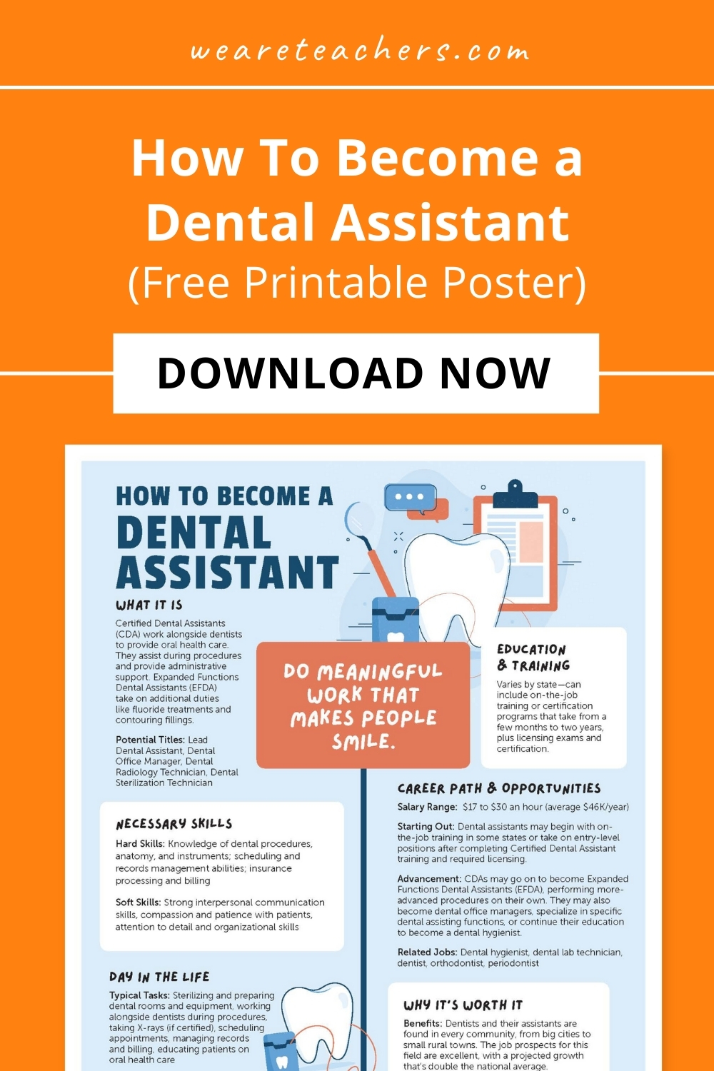 WeAreTeachers_Article_Dental Assistant_Pinterest Pin Learn why and how to become a dental assistant after high school, plus information about salary, necessary skills, and more.