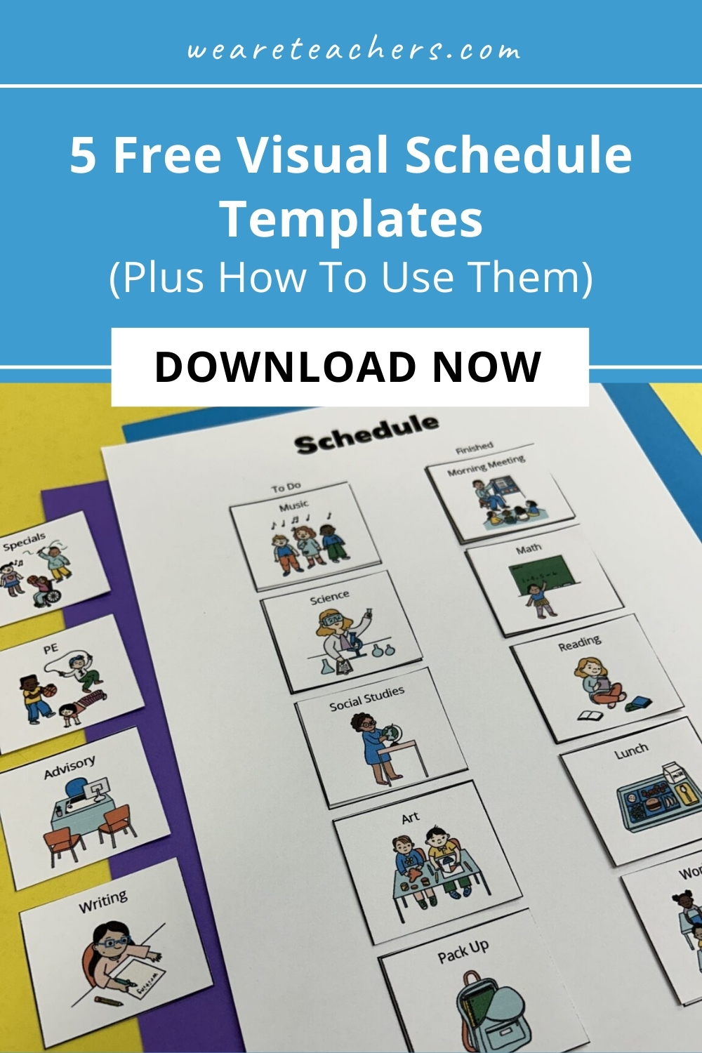 WeAreTeachers_Article_Visual Schedule_Pinterest Pin This bundle of visual schedule templates includes a daily schedule, work-reward board, daily routine, first-then board, and binder schedule.