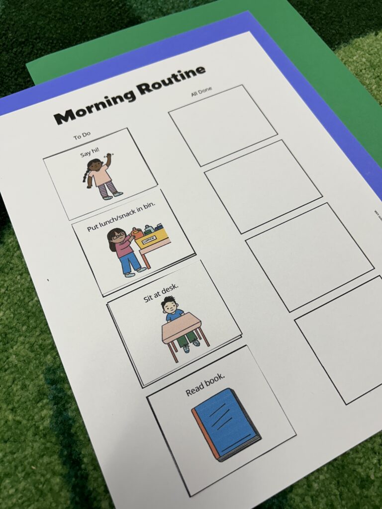 Morning routine visual schedule template on a green rug.